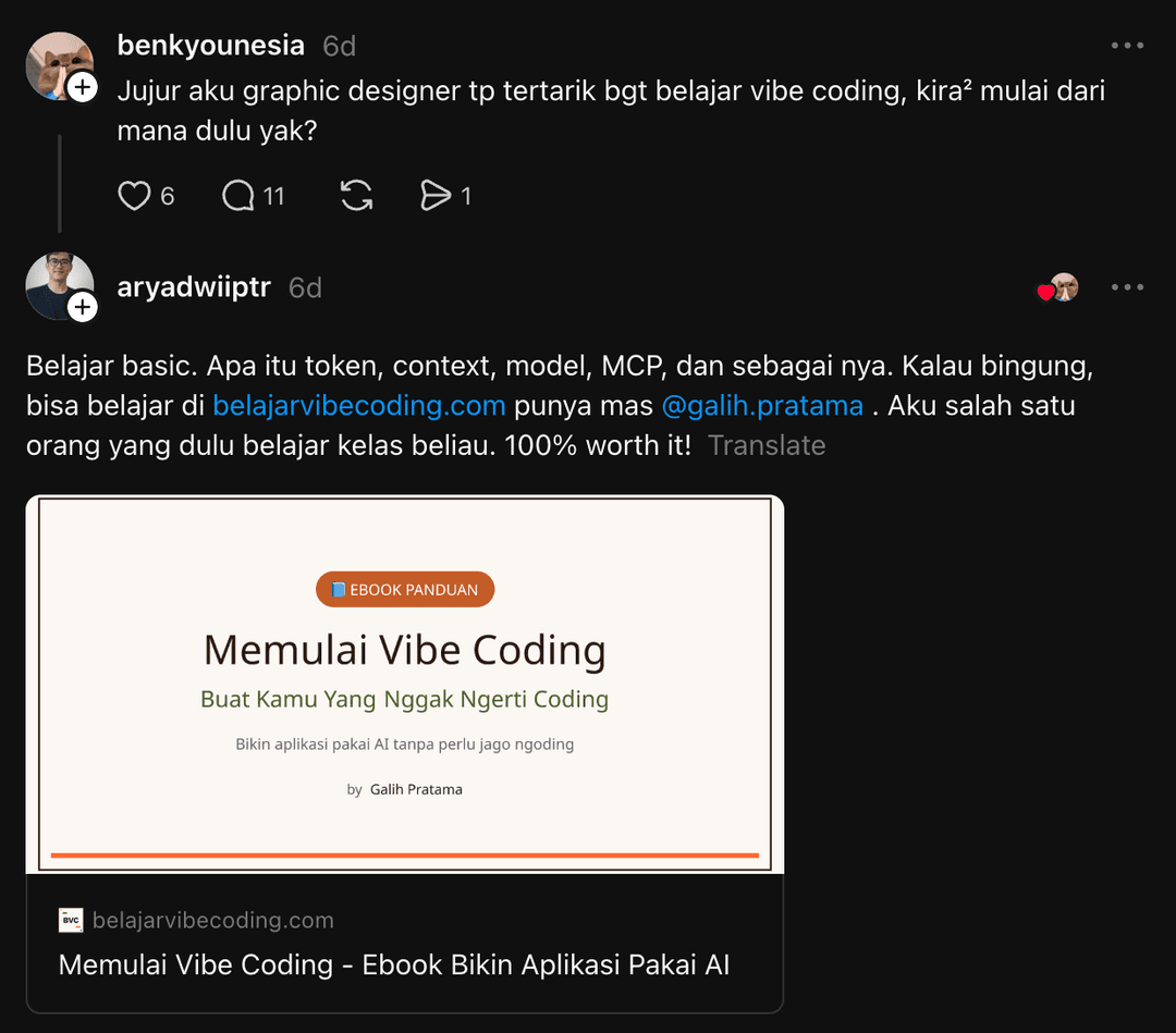 Screenshot testimoni pembeli ebook Belajar Vibe Coding
